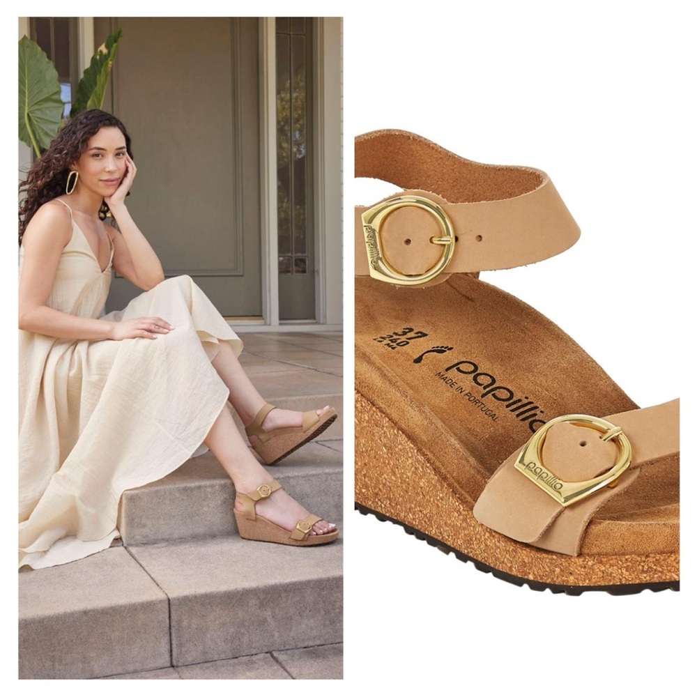 PAPILLIO BY BIRKENSTOCK Women’s Soley Leather Buckle Tan Wedge Sandal Size:39